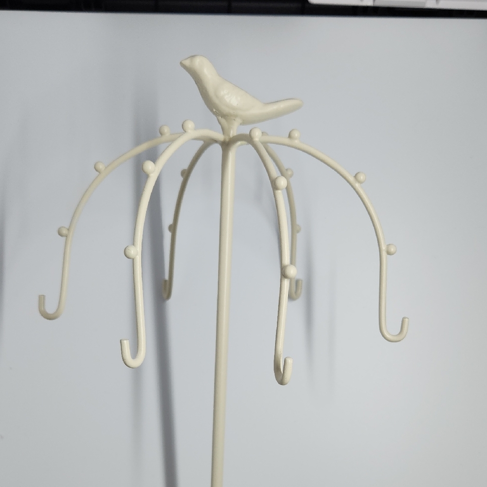 Elegant Cast Iron Bird Jewelry Tree – Cream Finish 12.5" Tall